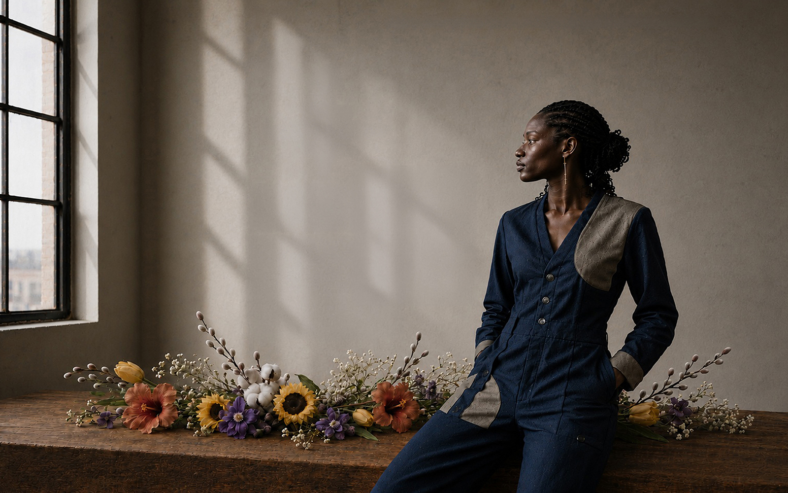 Model wearing the collection in the New York atelier