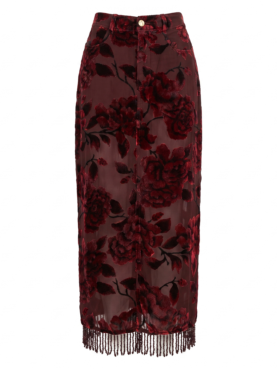 Bloom Maxi Skirt with Raw Garnet Fringe view 2